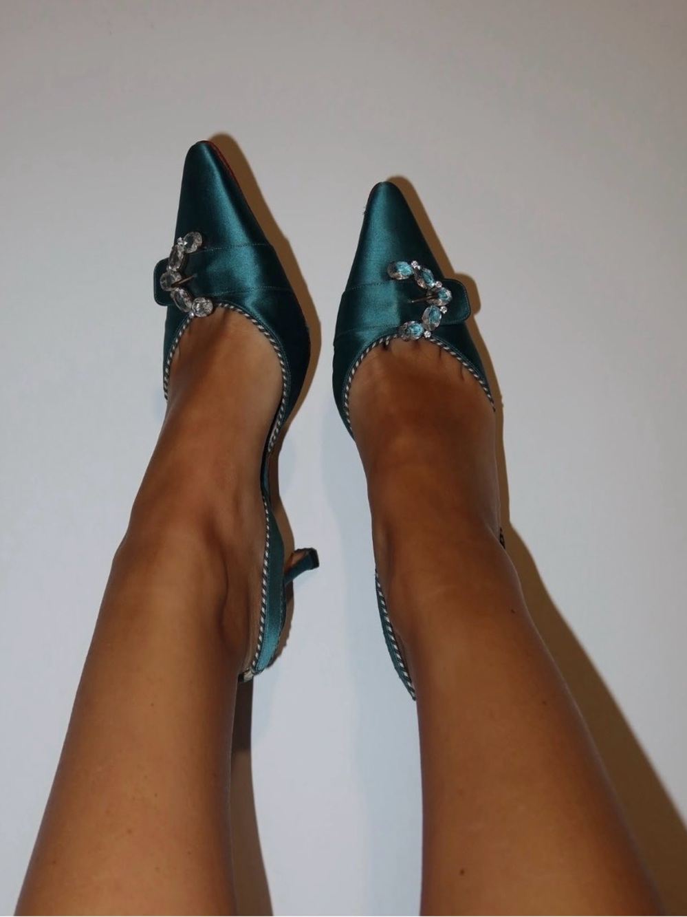 Manolo Blahnik Teal Satin Pointed Slingback Mules with Crystal Accent